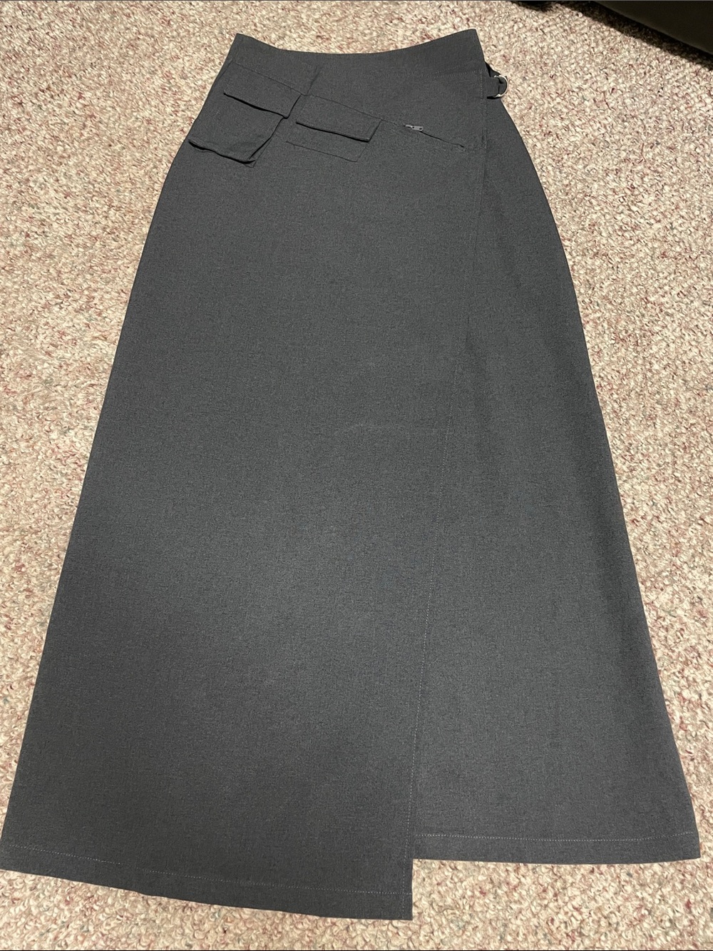 Vintage Y2K grey utility Maxi wrap Skirt with buckle fasten/uneven hem